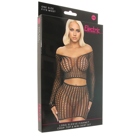 Long Sleeve Fishnet Crop Top & Mini Skirt Set